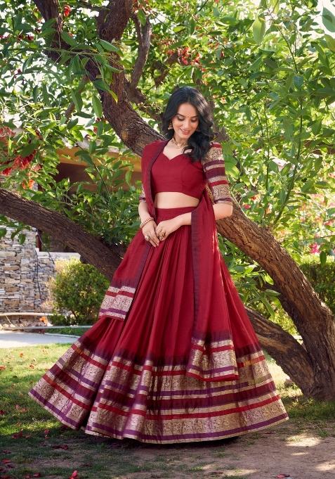 Red Drawstring With Zip Cotton Lehenga Set