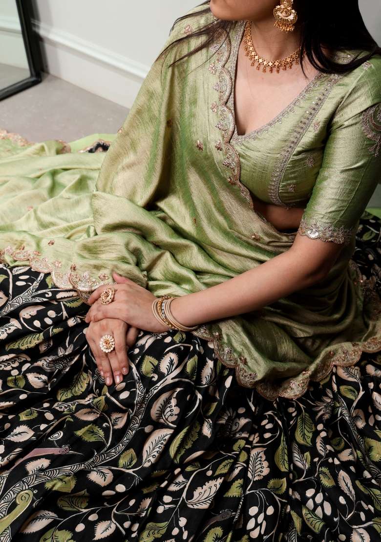 Black Drawstring With Zip Silk Blend Lehenga Set for Diwali | Wedding & Festive Wear - Indya