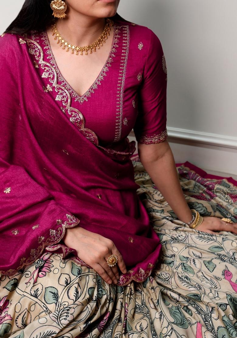 Cream Drawstring With Zip Silk Blend Lehenga Set - Indya