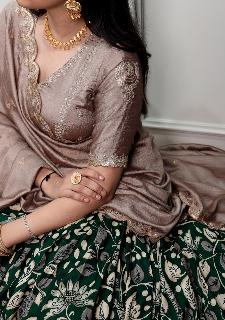 Green Drawstring With Zip Silk Blend Lehenga Set - Indya