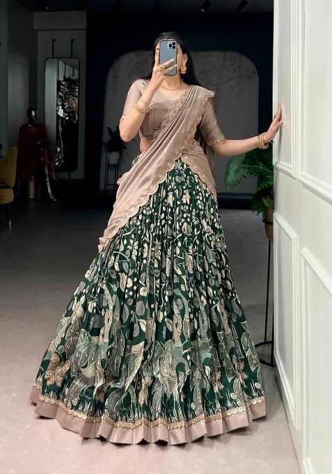 Green Drawstring With Zip Silk Blend Lehenga Set