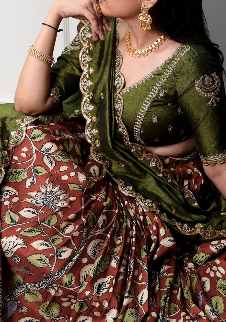 Orange Drawstring With Zip Silk Blend Lehenga Set - Indya