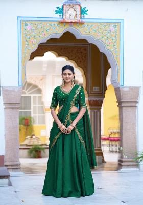 Green Drawstring With Zip Silk Blend Lehenga Set
