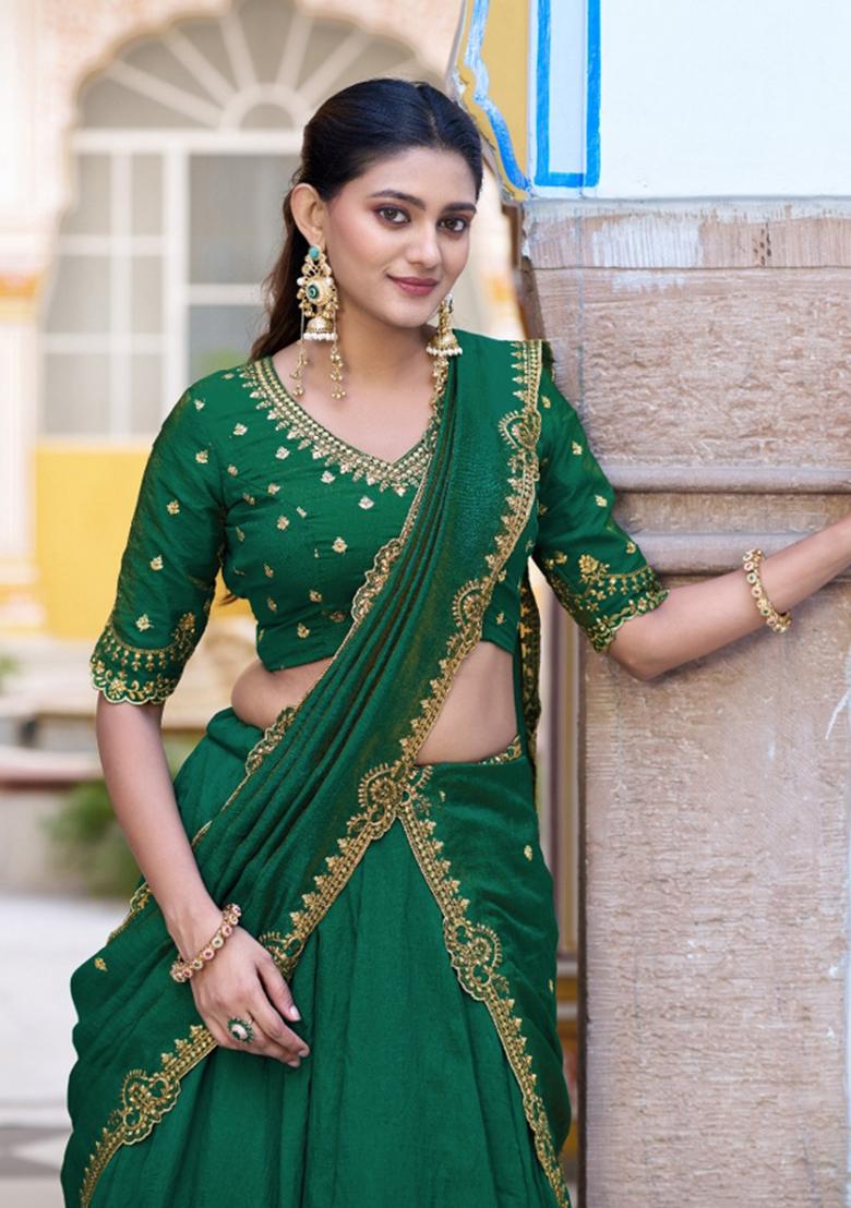 Green Drawstring With Zip Silk Blend Lehenga Set - Indya