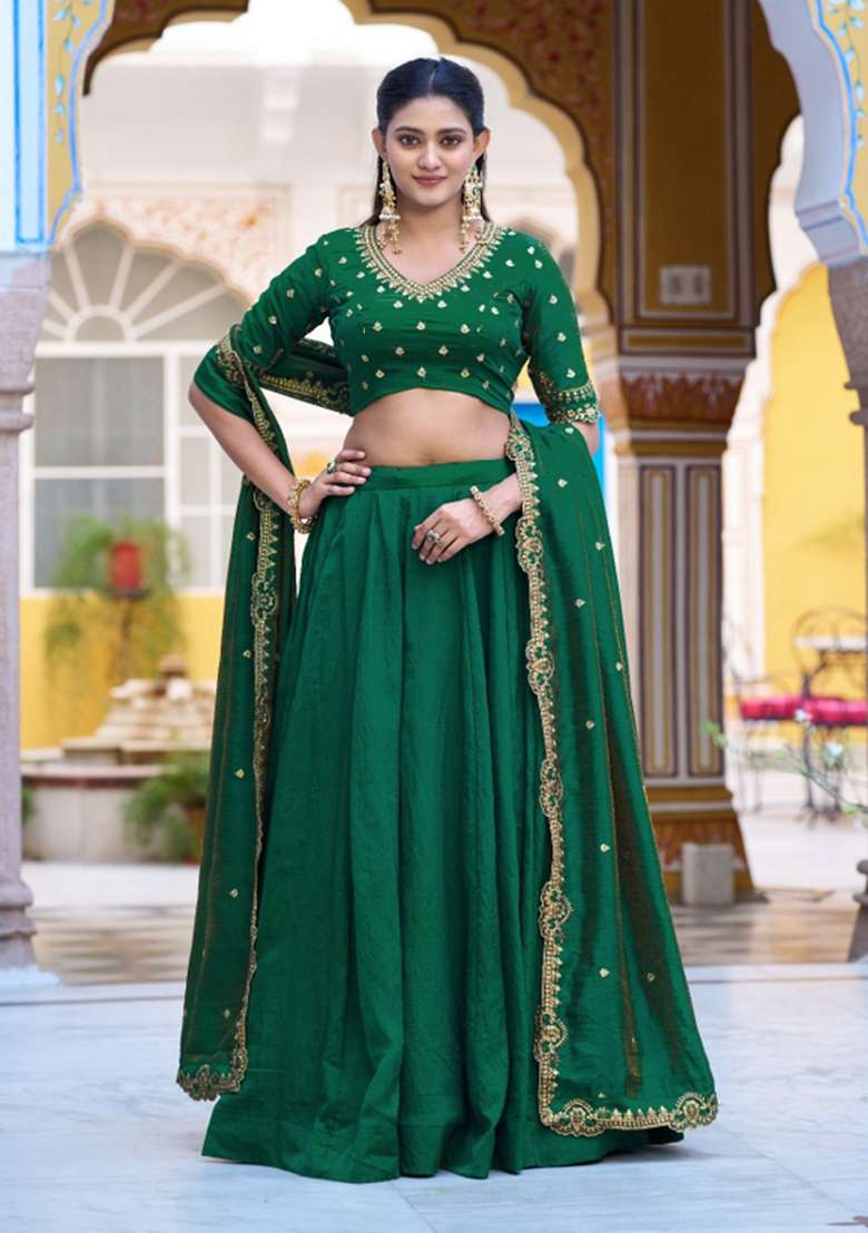 Green Drawstring With Zip Silk Blend Lehenga Set for Diwali | Wedding & Festive Wear - Indya