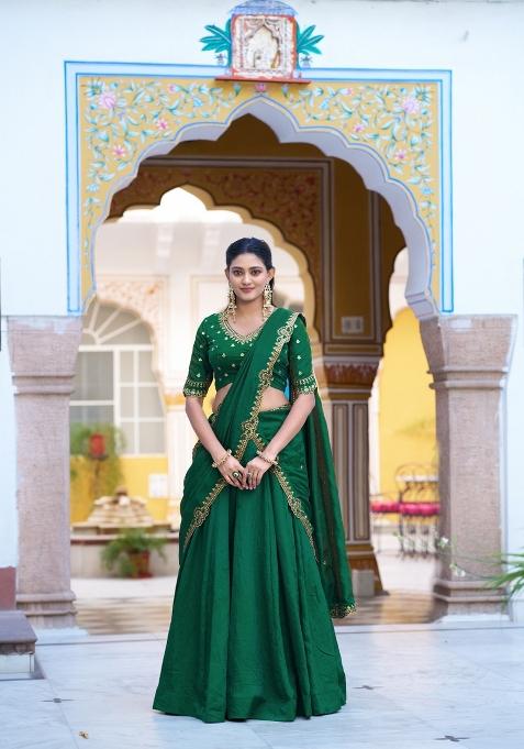 Green Drawstring With Zip Silk Blend Lehenga Set