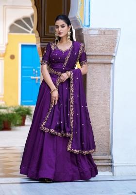 Purple Drawstring With Zip Silk Blend Lehenga Set