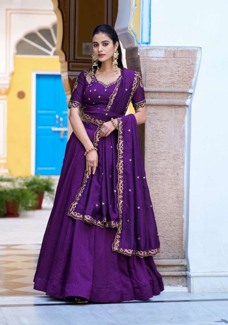 Purple Drawstring With Zip Silk Blend Lehenga Set for Diwali and Festive Wear - Indya