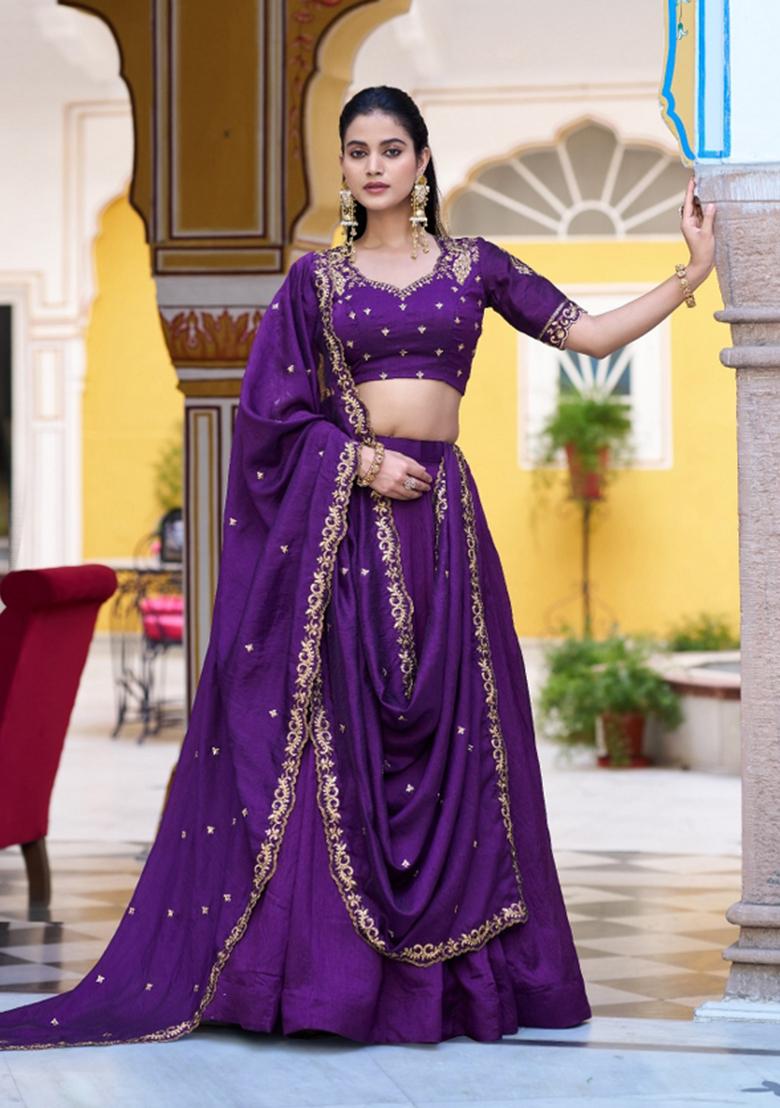 Purple Drawstring With Zip Silk Blend Lehenga Set - Indya