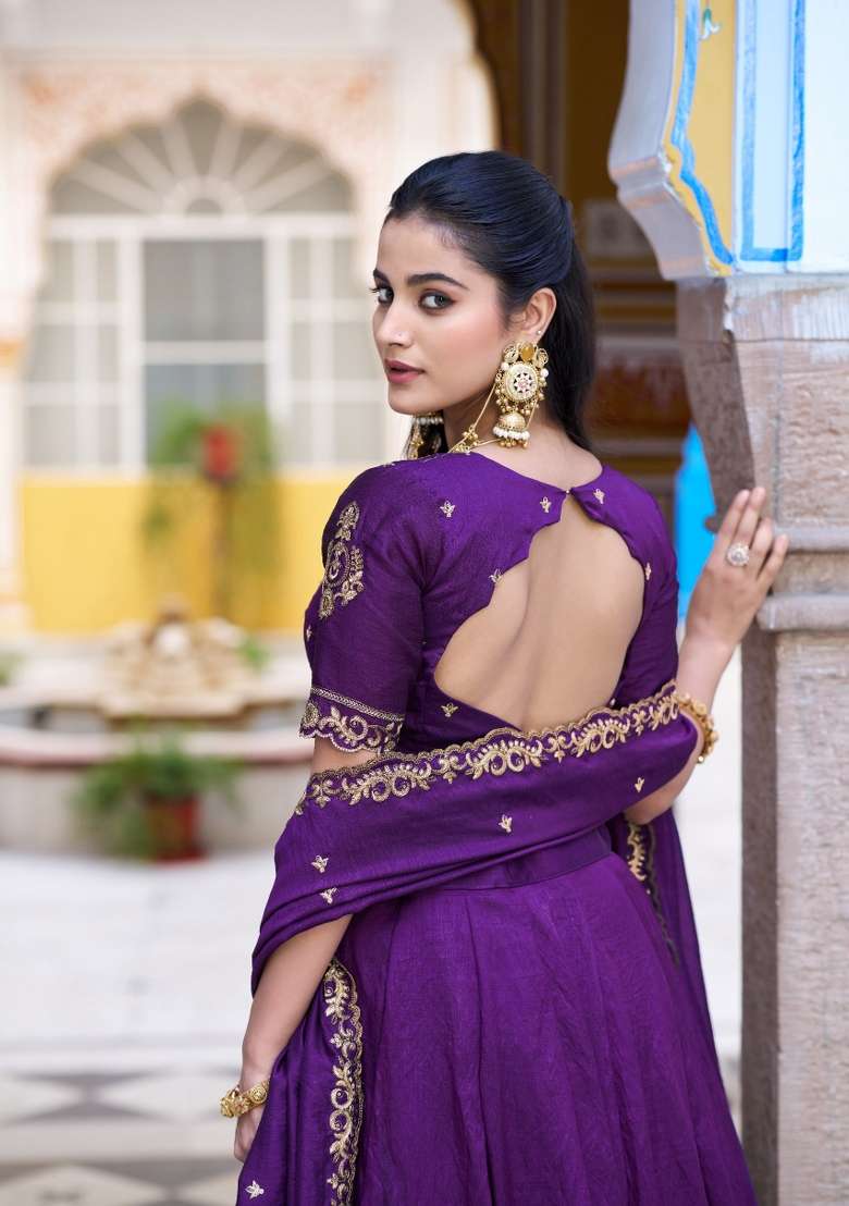 Purple Drawstring With Zip Silk Blend Lehenga Set for Diwali and Festive Wear - Indya
