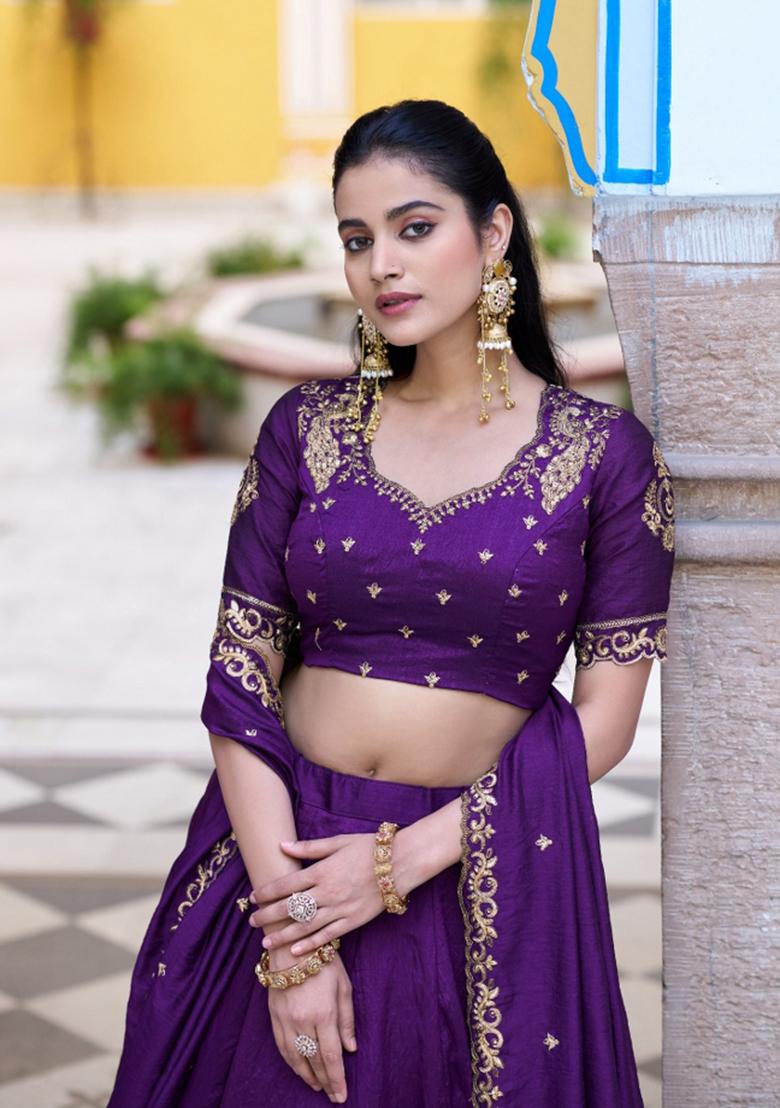 Purple Drawstring With Zip Silk Blend Lehenga Set - Indya