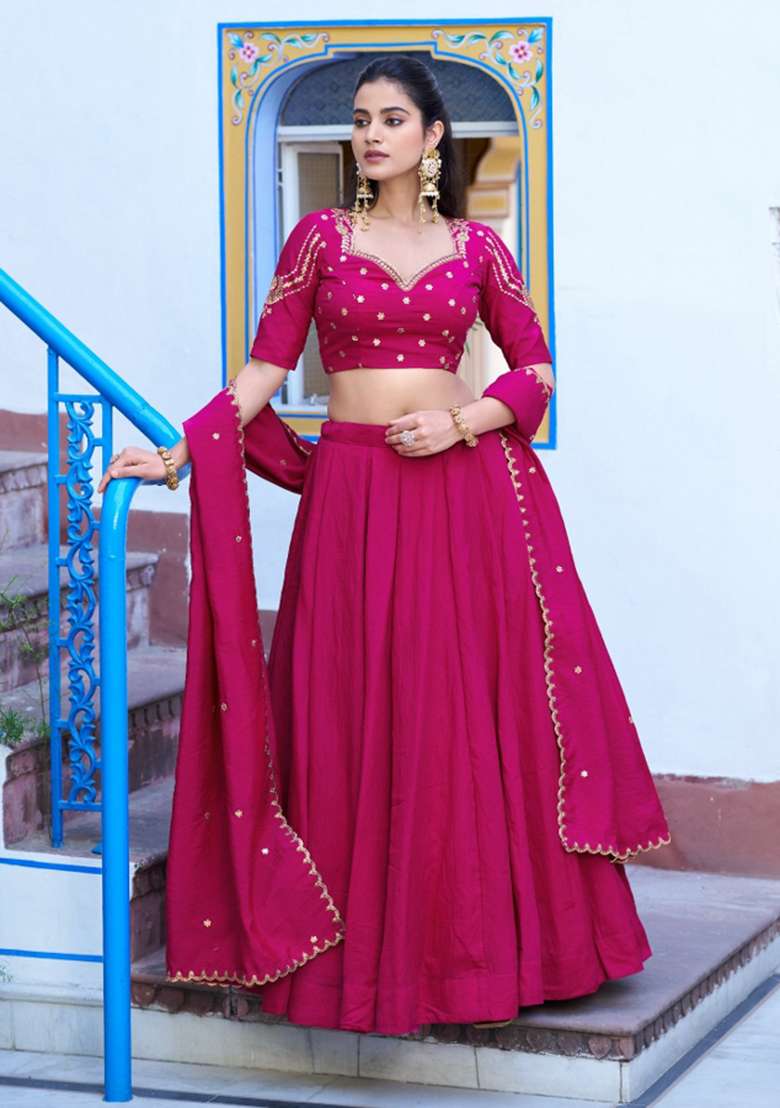 Rani Pink Drawstring With Zip Silk Blend Lehenga Set for Diwali and Festive Wear - Indya