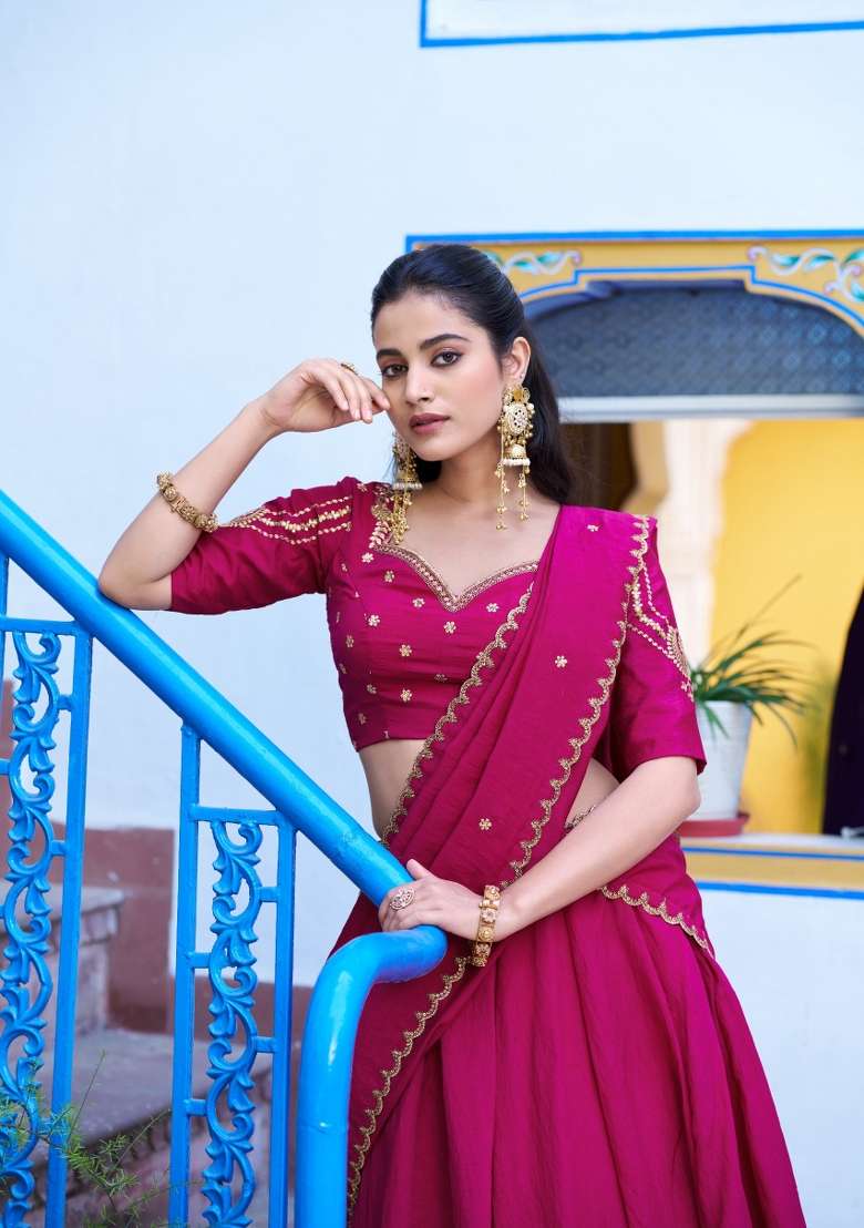 Rani Pink Drawstring With Zip Silk Blend Lehenga Set for Diwali and Festive Wear - Indya