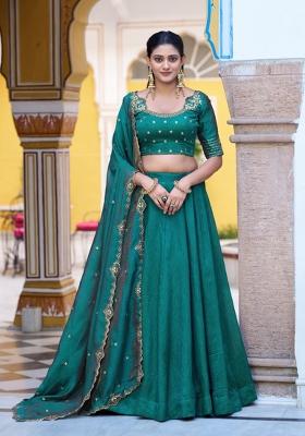 Teal Drawstring With Zip Silk Blend Lehenga Set