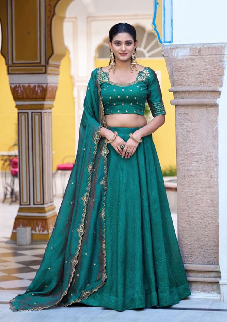 Teal Drawstring With Zip Silk Blend Lehenga Set for Diwali and Festive Wear - Indya