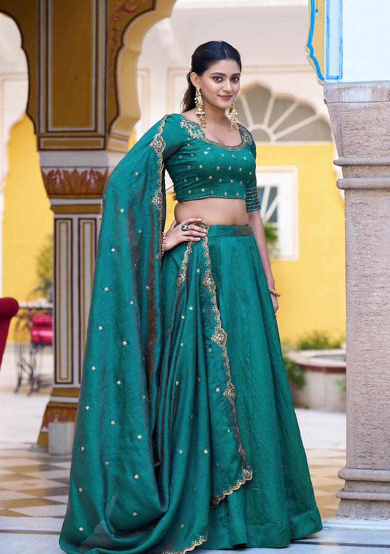 Teal Drawstring With Zip Silk Blend Lehenga Set - Indya