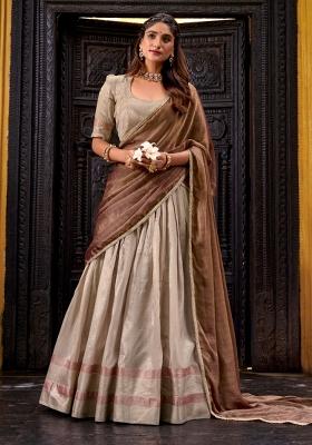Cream Drawstring With Zip Silk Blend Lehenga Set