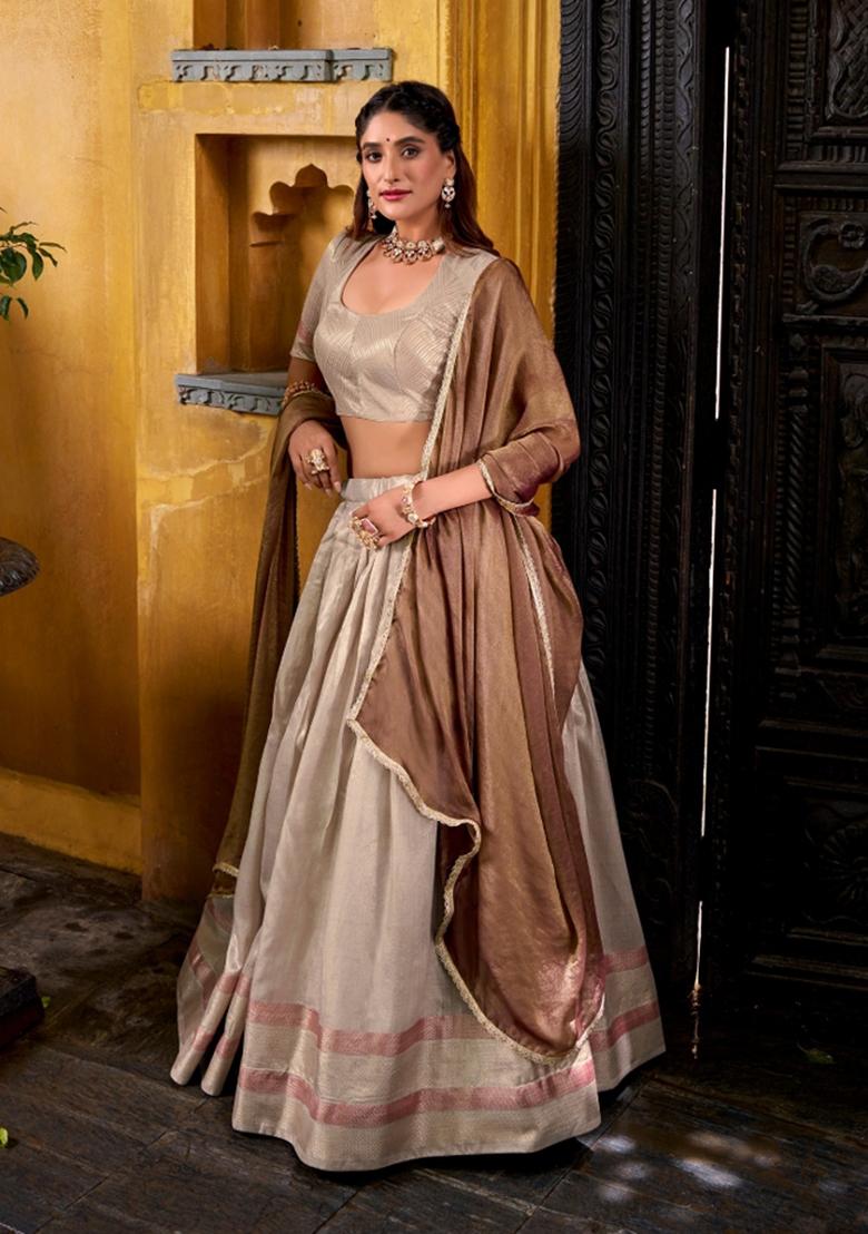 Cream Drawstring With Zip Silk Blend Lehenga Set - Indya