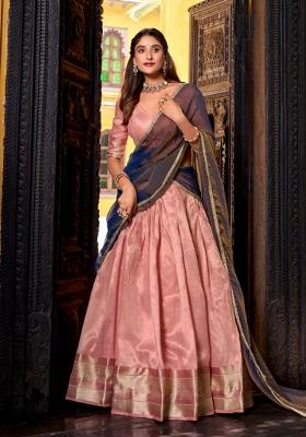 Light Pink Drawstring With Zip Silk Blend Lehenga Set