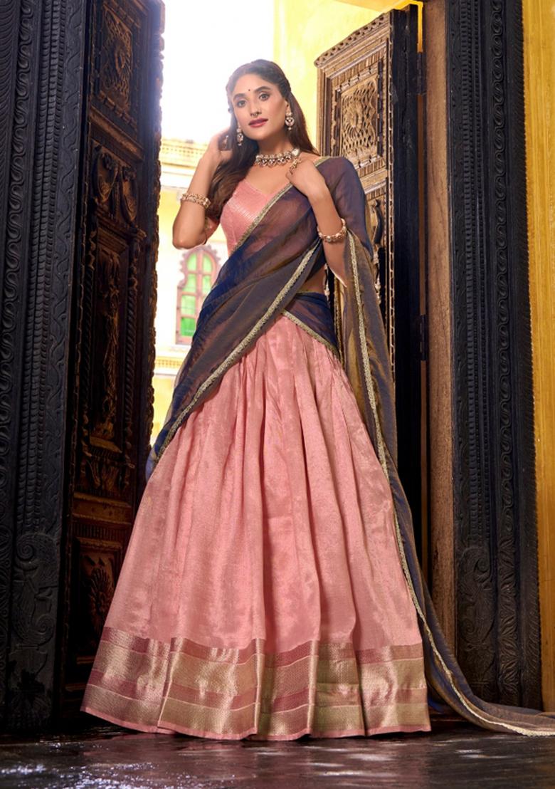 Light Pink Drawstring With Zip Silk Blend Lehenga Set - Indya