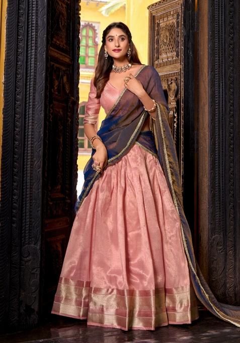 Light Pink Drawstring With Zip Silk Blend Lehenga Set