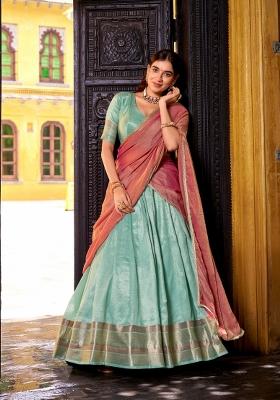 Sky Blue Drawstring With Zip Silk Blend Lehenga Set