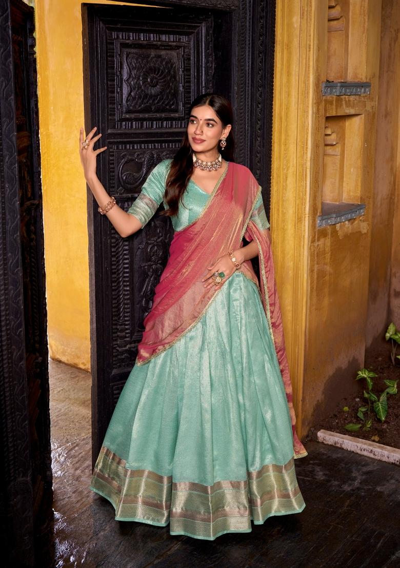 Sky Blue Drawstring With Zip Silk Blend Lehenga Set - Indya