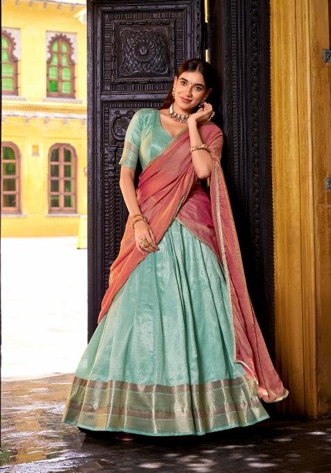 Sky Blue Drawstring With Zip Silk Blend Lehenga Set