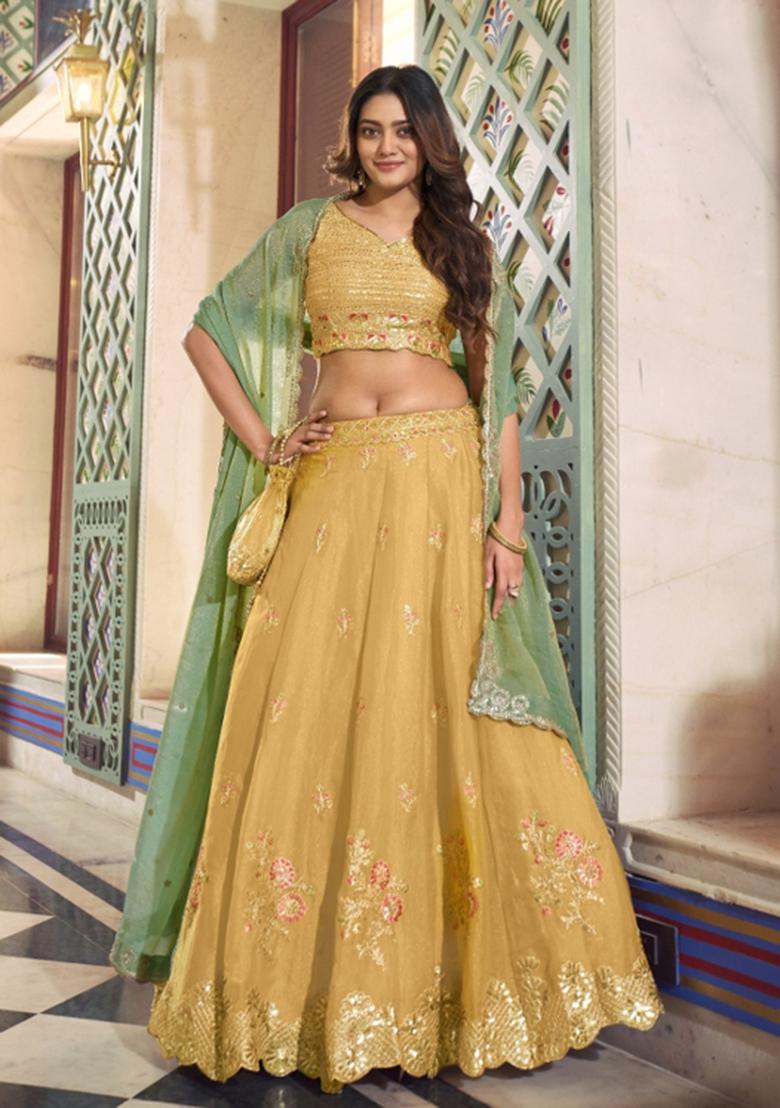 Yellow Embroidered Silk Blend Lehenga Set - Indya