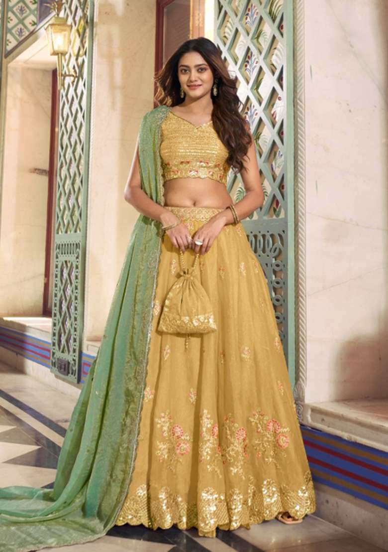 Yellow Embroidered Silk Blend Lehenga Set for Diwali and Festive Wear - Indya