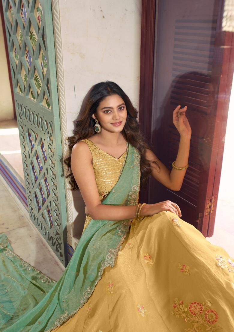 Yellow Embroidered Silk Blend Lehenga Set - Indya