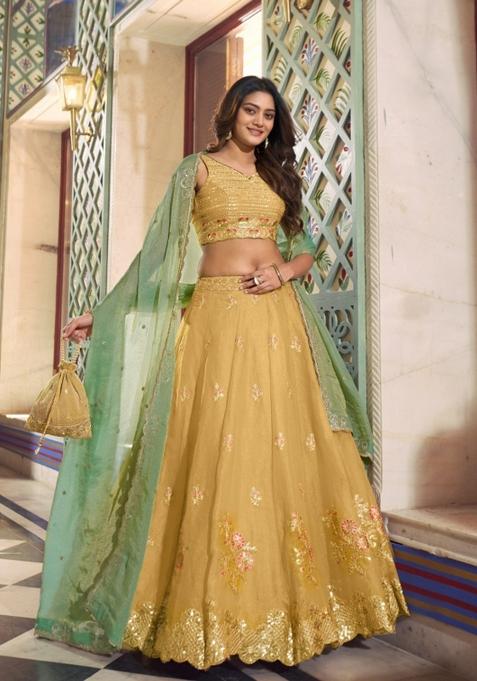 Yellow Embroidered Silk Blend Lehenga Set