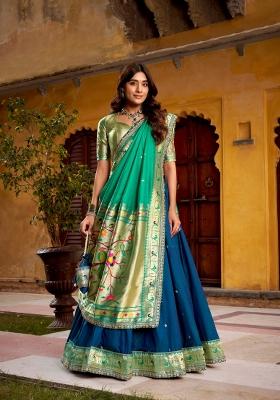 Blue Embroidered Silk Blend Lehenga Set