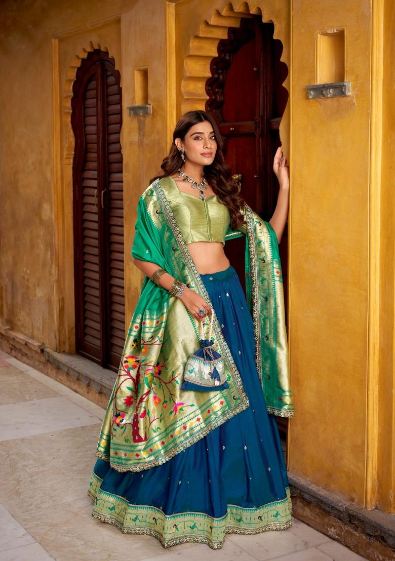 Blue Embroidered Silk Blend Lehenga Set - Indya