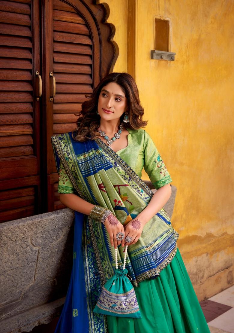 Sea Green Embroidered Silk Blend Lehenga Set - Indya