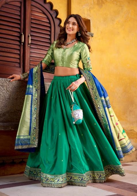 Sea Green Embroidered Silk Blend Lehenga Set