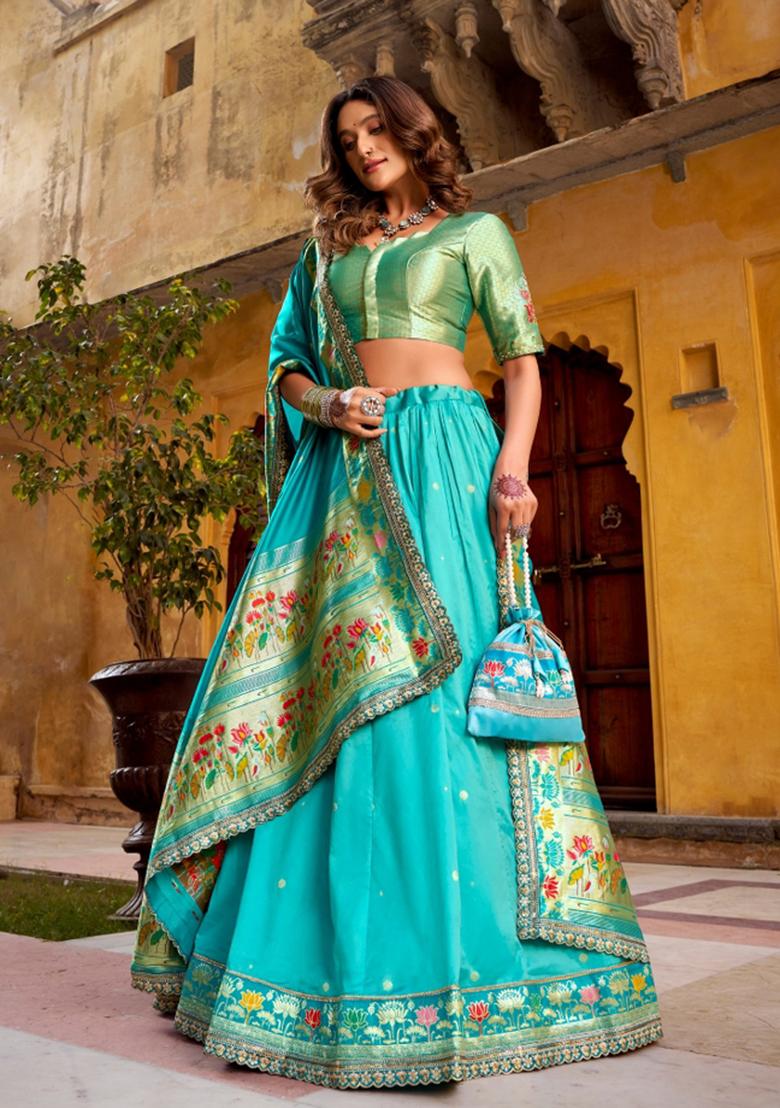 Sky Blue Embroidered Silk Blend Lehenga Set - Indya