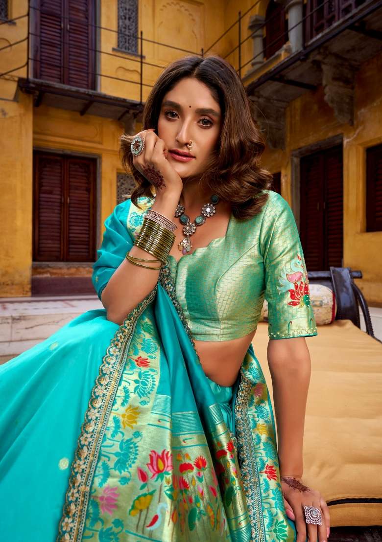 Sky Blue Embroidered Silk Blend Lehenga Set - Indya