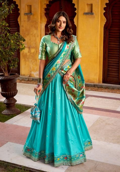 Sky Blue Embroidered Silk Blend Lehenga Set