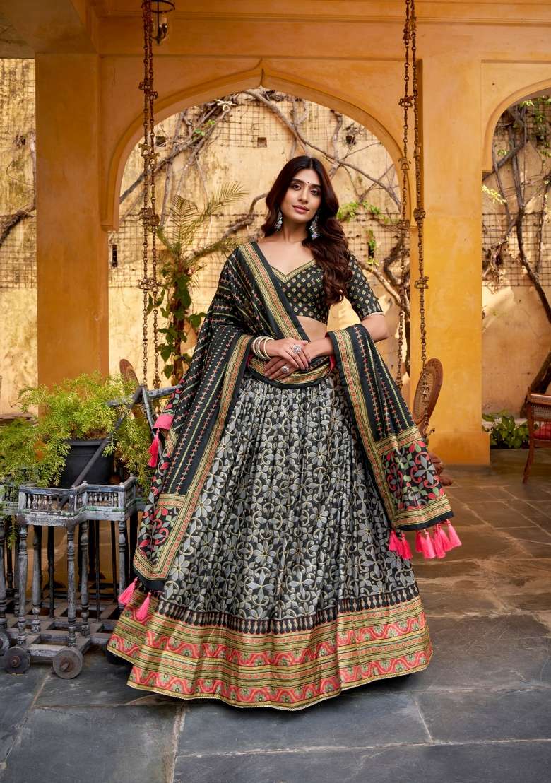 Black Lace Work Silk Blend Lehenga Set for Diwali | Wedding & Festive Wear - Indya