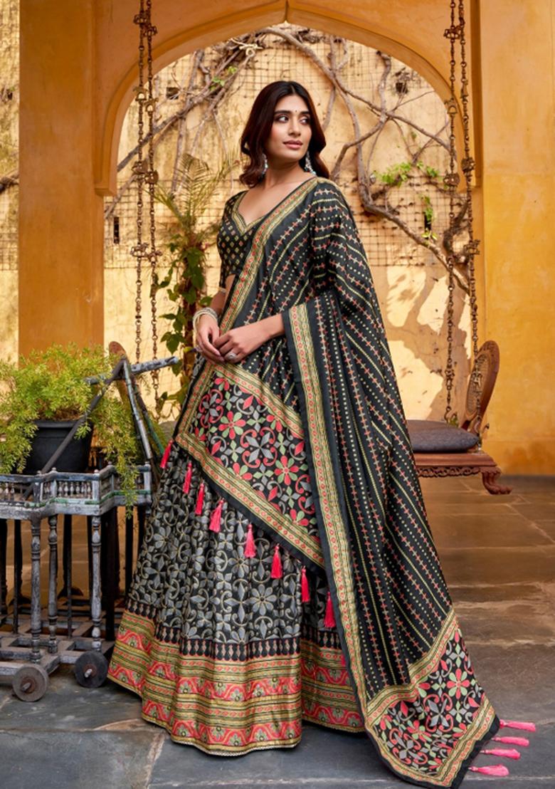 Black Lace Work Silk Blend Lehenga Set - Indya