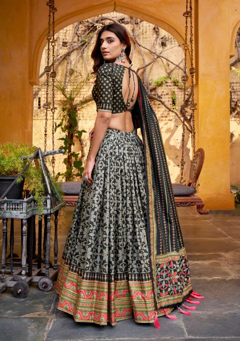 Black Lace Work Silk Blend Lehenga Set for Diwali | Wedding & Festive Wear - Indya