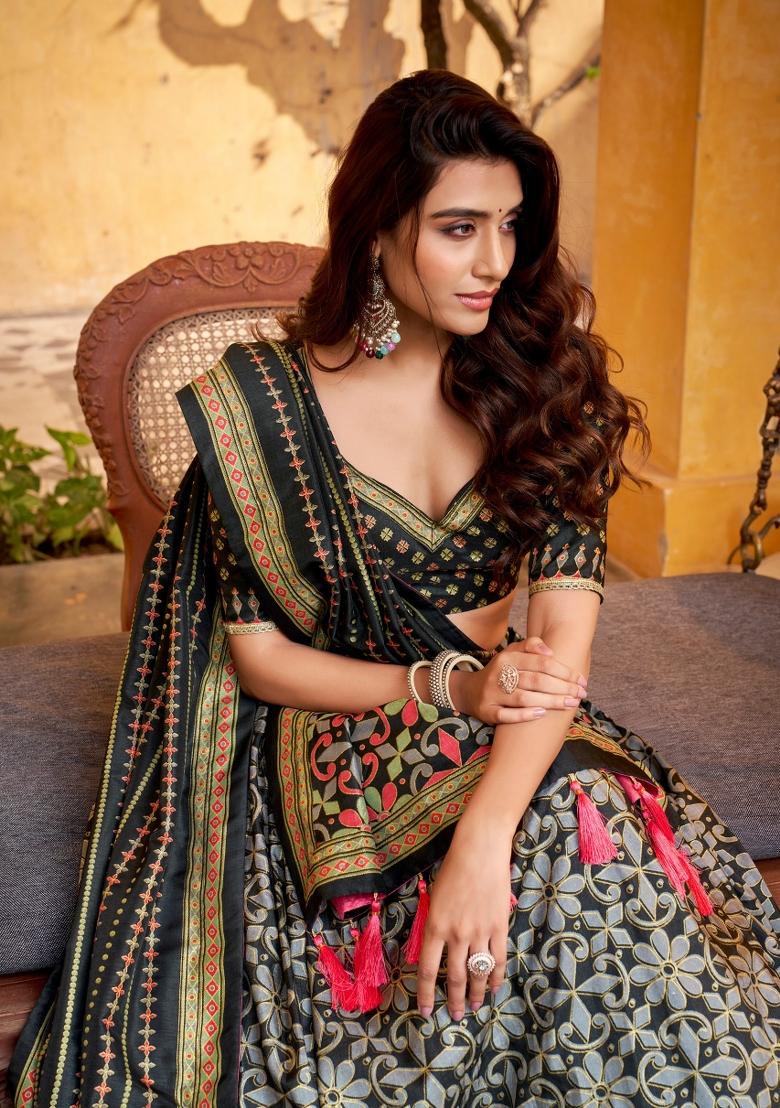 Black Lace Work Silk Blend Lehenga Set - Indya
