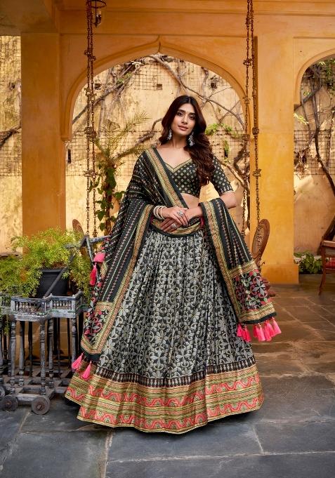 Black Lace Work Silk Blend Lehenga Set