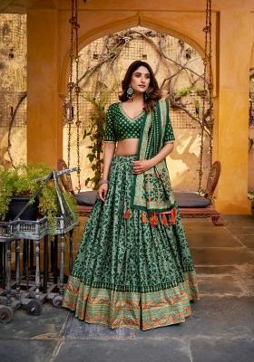 Green Lace Work Silk Blend Lehenga Set