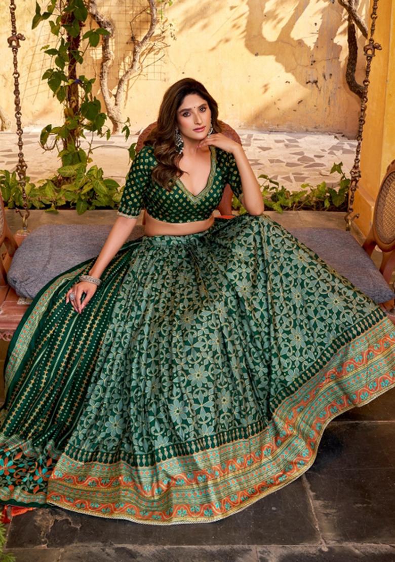 Green Lace Work Silk Blend Lehenga Set - Indya