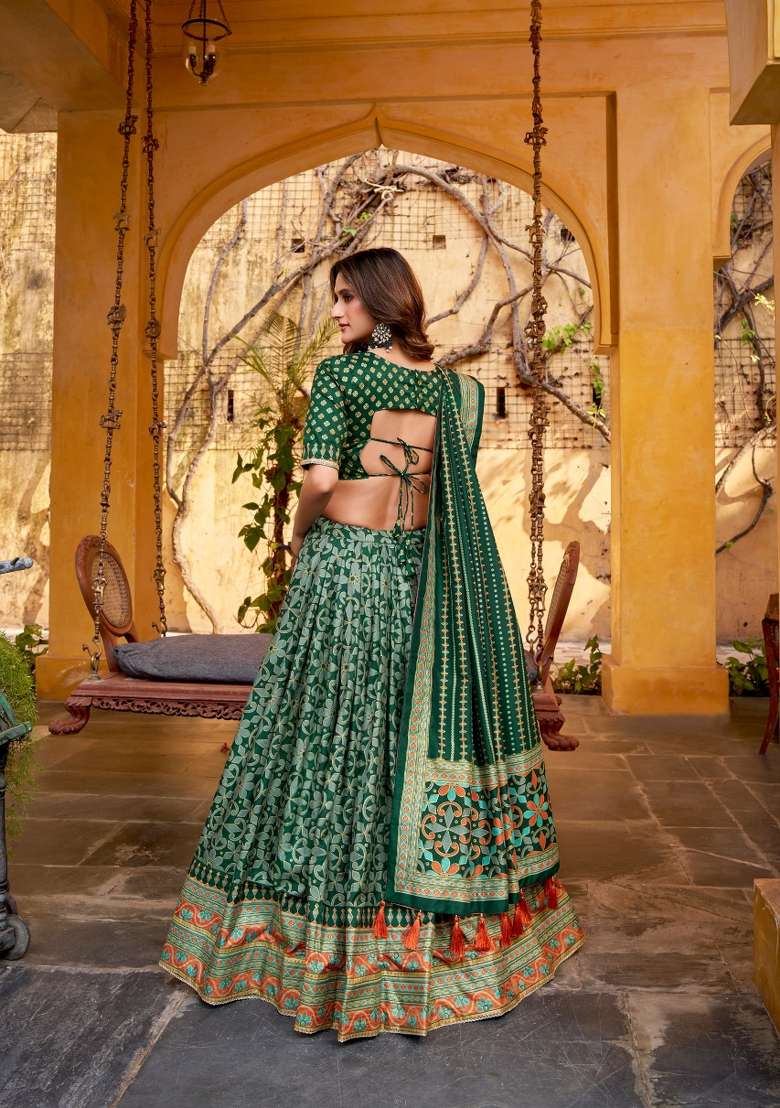 Green Lace Work Silk Blend Lehenga Set for Diwali and Festive Wear - Indya