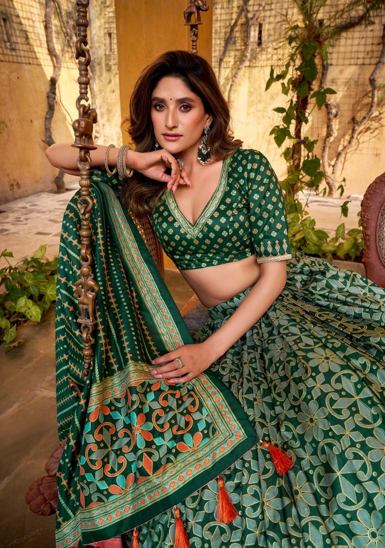 Green Lace Work Silk Blend Lehenga Set - Indya