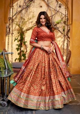 Orange Lace Work Silk Blend Lehenga Set