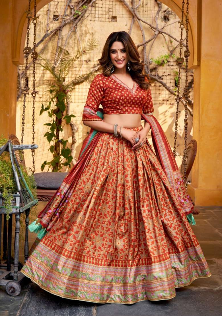 Orange Lace Work Silk Blend Lehenga Set for Diwali | Wedding & Festive Wear - Indya